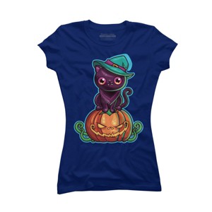Junior's Design By Humans Ferociously Cute Halloween Vampire Witch Kitty Cat By LittleBunnySunshine T-Shirt - 1 of 2