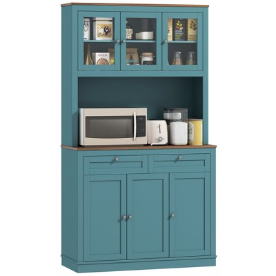HOMCOM 71" Tall Kitchen Pantry Storage Cabinet with 2 Drawers, Microwave Cabinet with Adjustable Shelves and Glass Doors, Green