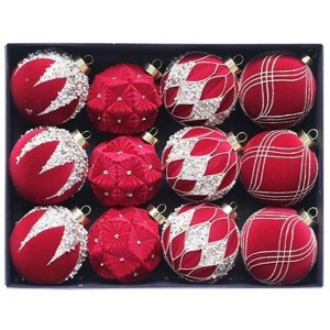 12PCS 3.15 Inch Shatterproof Christmas Ornaments - Velvet Flocked Painted Plastic Balls - 1 of 4