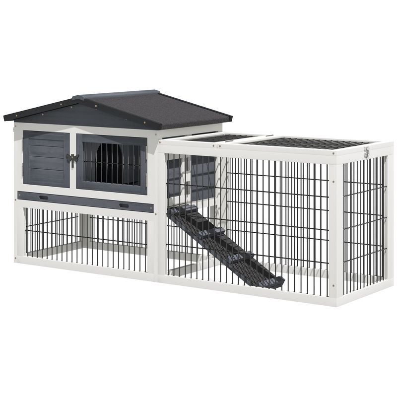 PawHut 2 Levels Wooden Rabbit Hutch Bunny Hutch House Guinea Pig Cage with Run Space, Removable Tray, Ramp and Waterproof Roof for Outdoor, 5 of 11