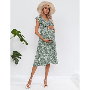 Coolmee Women Summer Boho Floral Casual V Neck Small Flying Sleeve A-Line Maternity Ruffled Midi Dress - 1 of 4