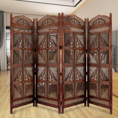 Antique Brown Hand Carved Mango Wood Four Panel Room Divider