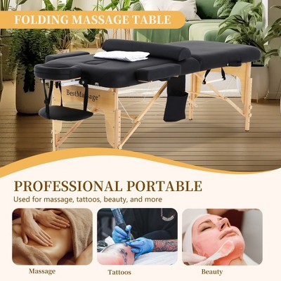 FDW Massage Table Massage Bed SPA Bed 2 Fold Massage Table Heigh Adjustable 73’’ Long PU Portable Salon Bed W/Half Bolsters Sheets Carry Case,Black