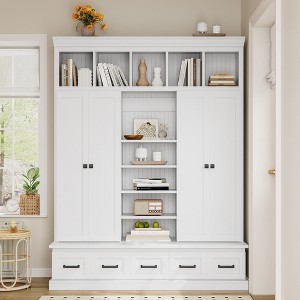 Modern Hall Tree Entryway Bench Storage Organizer Cabinet with 4 Doors, 5 Drawers and Adjustable Shelves, White/Black-ModernLuxe - 1 of 4