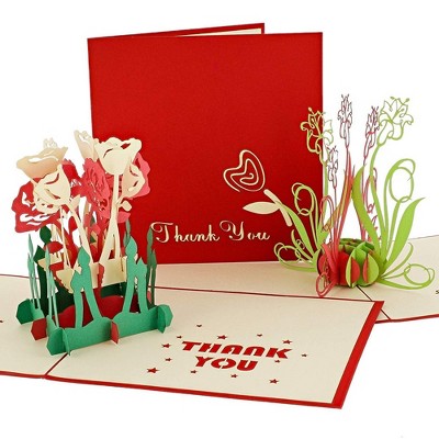 Best Paper Greetings 3-Pack 3D Popup Thank You Greeting Cards Flower Design w/Envelopes, 4.75" Square