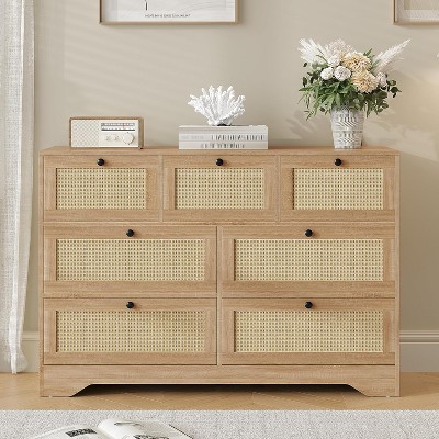 Rattan 7-Drawer Farmhouse Dresser, Modern Wooden Storage Chest for Bedroom, Closet Organizer for Living Room, Entryway, Hallway