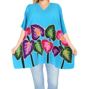 HAPPY BAY Women's Summer Holiday Beachwear Swim Suit Vacation Oversized Loose Party Bathing Suit Cover Ups 1X-2X Blue Leaf - 1 of 3