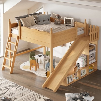TIRAMISUBEST Full/Queen Size Kids Loft Bed with Slide & Castle Designed Guardrail, Storage Bed Frame with L-Shaped Bookcase