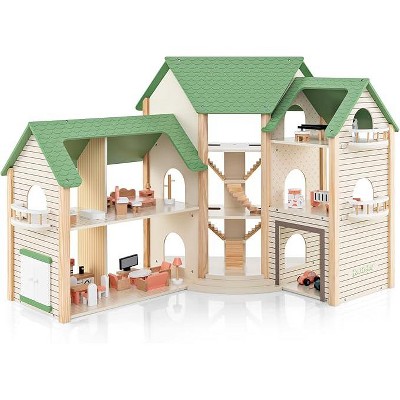 Costzon Wooden Dollhouse for Kids, 3-Story House with 36 Furniture Pieces, 7 Rooms, Stairs & Balcony, Pretend Play Gift for Girls 3+ (Green)