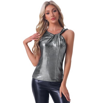 Allegra K Women's Metallic Shiny Sparkly Party Club Twist Knot Tank Top