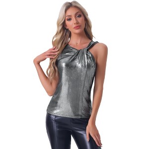 Allegra K Women's Metallic Shiny Sparkly Party Club Twist Knot Tank Top - 1 of 4