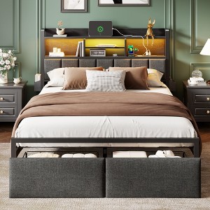 Furnulem Queen Bed Frame with Storage Drawers Upholstered Headboard with LED Light Charging Station Metal Platform Bed Frame No Box Spring Needed - 1 of 4