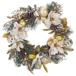 Faux 28" White Poinsettas & Pine Needle Wreath - FXP1034 - Green/Gold - Safavieh - 1 of 4
