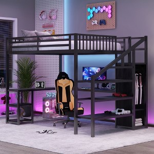 Whisen Metal Full Loft Bed with Wardrobe, LED Light, L Shaped Desk and USB, Premium Materials for Stability - 1 of 4