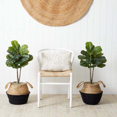 Nearly Natural 3-ft Artificial Fiddle Leaf Fig Tree with Handmade Cotton & Jute Woven Planter DIY Kit - Set of 2, Green