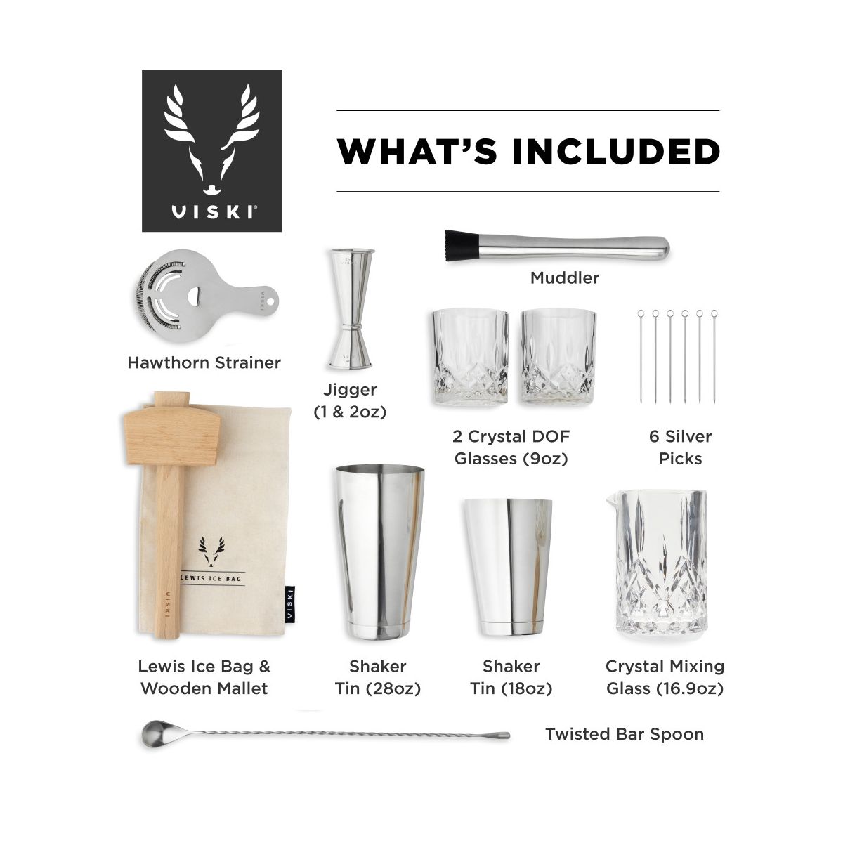 Viski 17-Piece Bartender Kit, Shakers Tins, Mixing Glass, Jigger, Muddler, Strainer, Spoon, Whiskey Glasses, Ice Bag, Mallet, Picks, Bar Gifts for Men - thumbnail 3