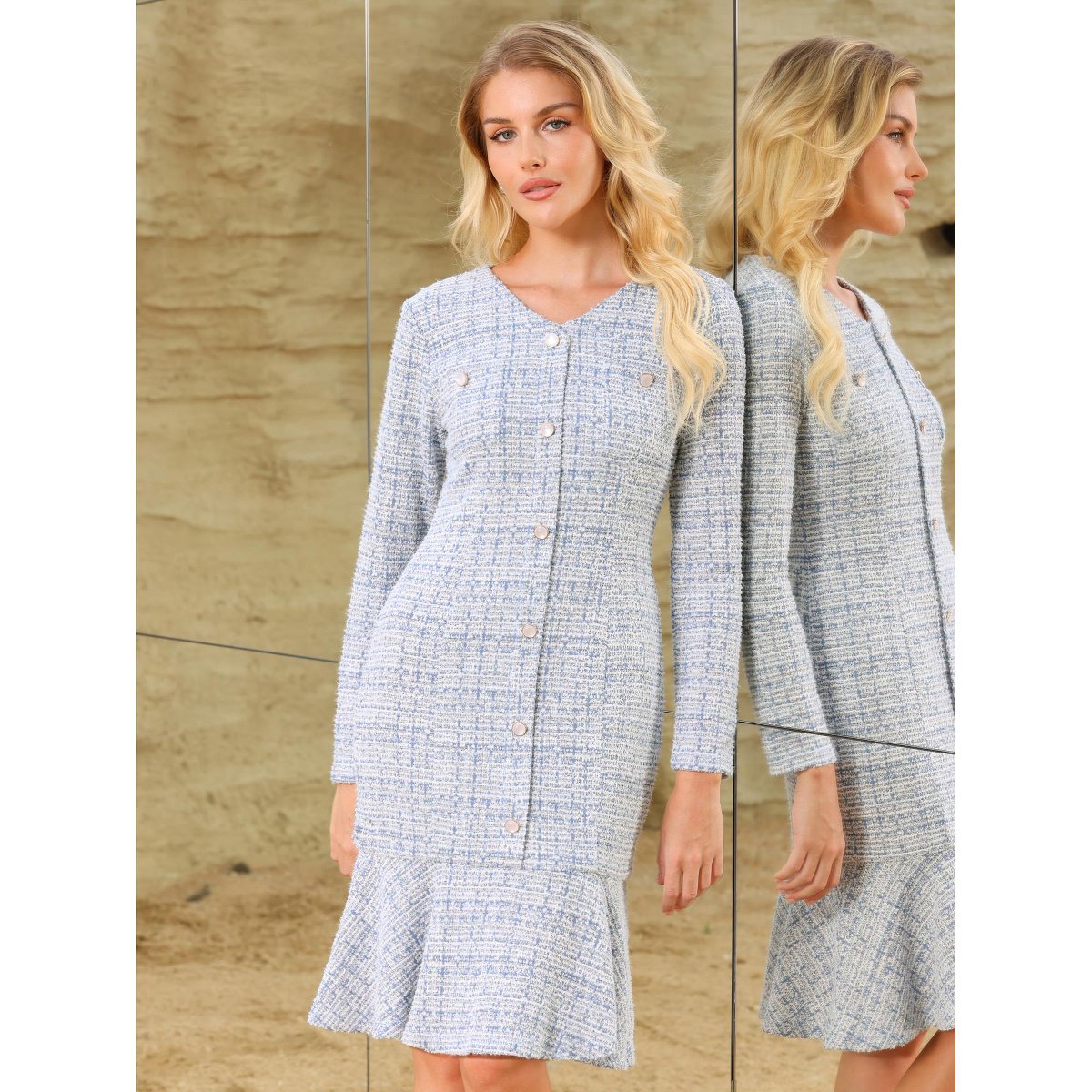 Женские платья INSPIRE CHIC Women's Bodycon Mermaid Tweed Long Sleeve Elegant Cocktail Fishtail Dresses Light Blue Small — фото 2