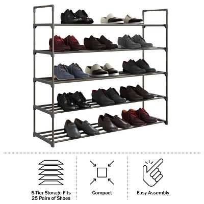 Gray 5-Tier Metal and Plastic Stackable Shoe Rack