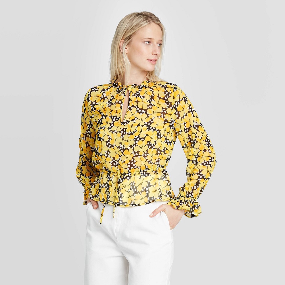 Women's Floral Print Long Sleeve Ruffle Detail Drawstring Blouse - Who What Wear Black M was $29.99 now $20.99 (30.0% off)