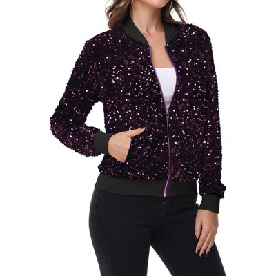 Anna-Kaci Women's Sequin Bomber Jacket Zip Front Ribbed Cuffs and Hem Pockets