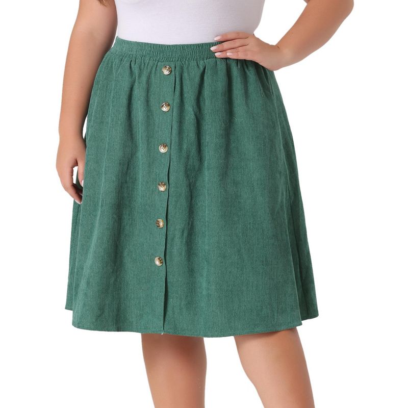 Agnes Orinda Women's Plus Size Elastic High Waist Button Front Pockets Midi Corduroy A Line Skirts, 2 of 5