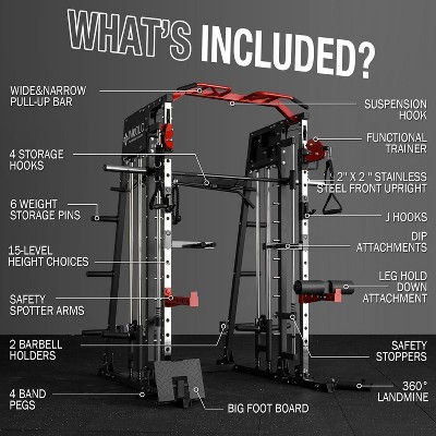 ER KANG Smith Machine, 2200lbs Squat Rack with LAT-Pull Down System & Cable Crossover Machine, Training Equipment with Leg Hold-Down Attachment