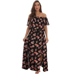 Riviera Sun Womens Floral Printed High Slit Off-Shoulder Rayon Crepe Printed Maxi Dress for Women - 1 of 3