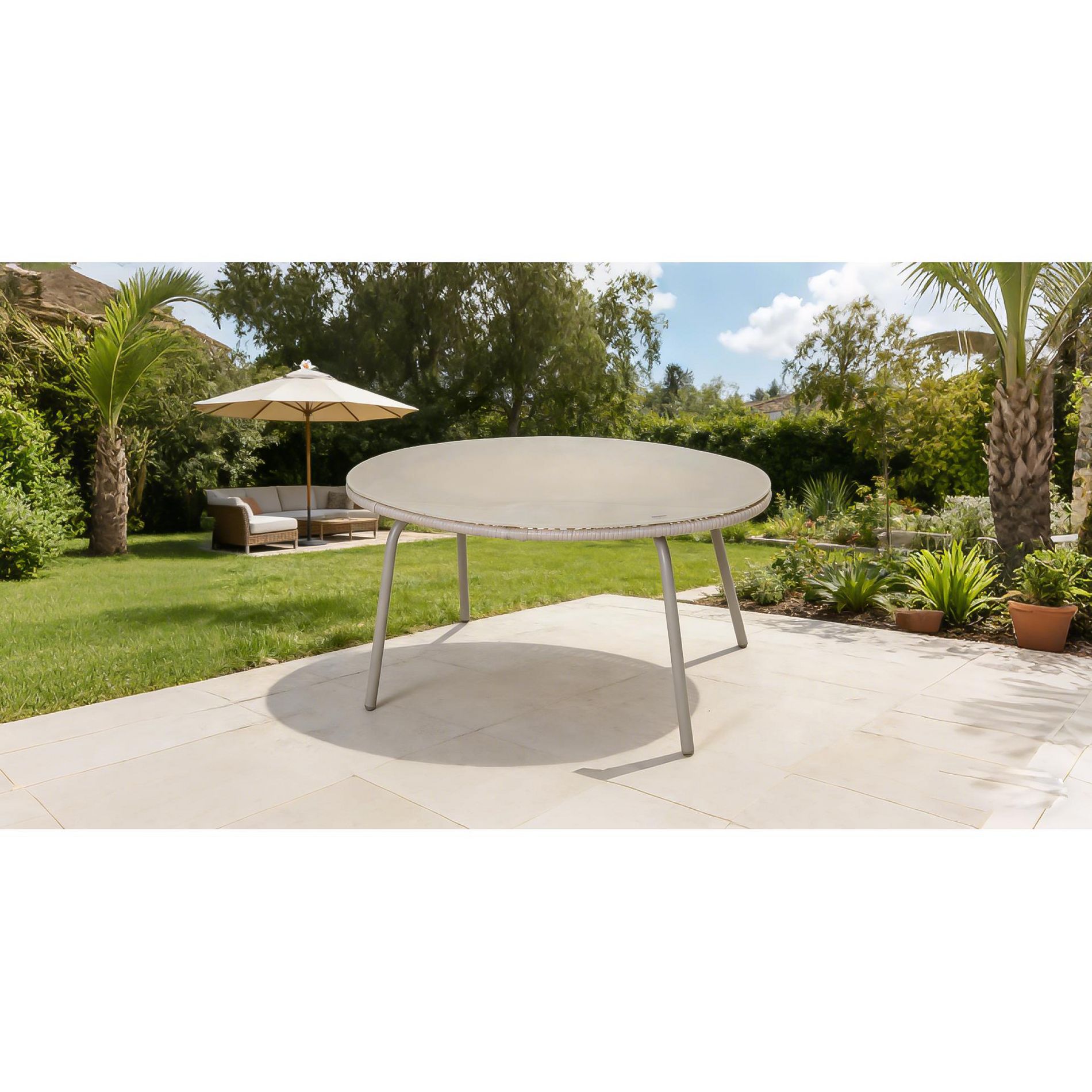 Off-White Oval Outdoor Coffee Table, PE Rattan with Tempered Glass Top, Patio & Garden