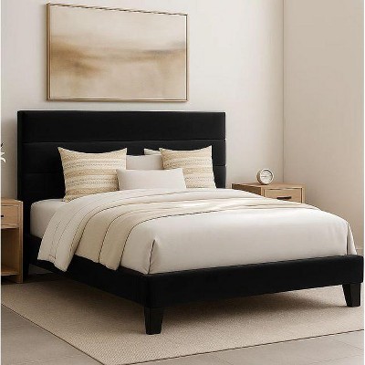 Bed Frame with Upholstered Headboard, Wooden Slats Support Black Mattress Foundation