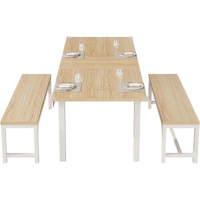 Extendable Dining Table Set for 6-8 People, Large 63" Wood Table with 2 Benches & 2 Stools, Space-Saving Kitchen Furniture for Small Homes