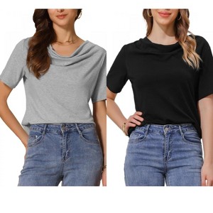 INSPIRE CHIC Women's Cowl Neck Short Sleeve Casual Stretchy Shirts 2 Packs - 1 of 4