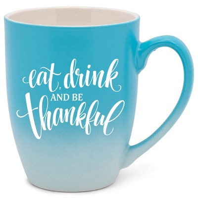 Elanze Designs Eat Drink And Be Thankful Two Toned Ombre Matte Teal and White 12 ounce Ceramic Stoneware Coffee Cup Mug