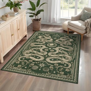 Snake and Flower Pattern Washable Rug 2x3 to 9x12, Non-Slip Low Pile Living Room Rug, Dark Gray/Blue/Green/Beige Stain Resistant Machine Washable Rug - 1 of 4