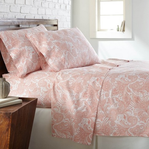 Southshore Fine Living Perfect Paisley Easy Care 4-Piece ultra-soft Sheet  Set White-Coral Queen