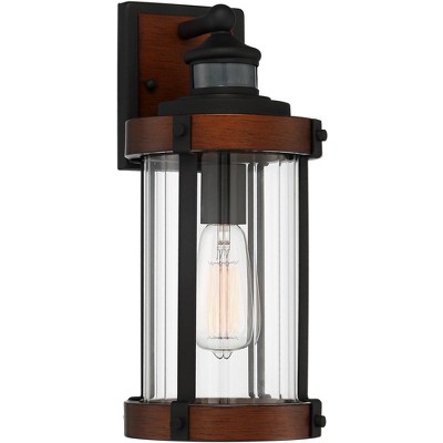 John Timberland Industrial Outdoor Wall Light Fixture Dark Wood Black 15 1/2" Motion Sensor Clear Glass for Exterior House Porch