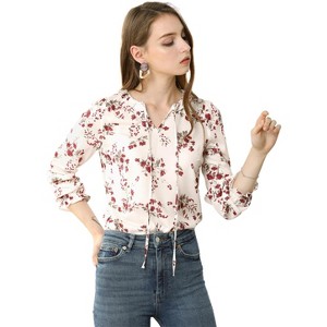 Allegra K Women's Floral Tie Neck Frilly Trim Long Sleeve Chiffon Blouse - 1 of 4