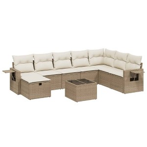 vidaXL 9 Piece Patio Sofa Set with Cushions Beige Poly Rattan - Beige and Cream Without Storage 9 Items - 1 of 4