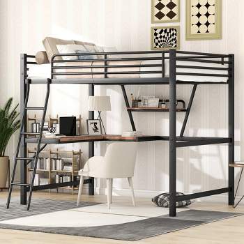 Full Size Metal Loft Bed With Bookcase, Desk And Drawers, Black ...