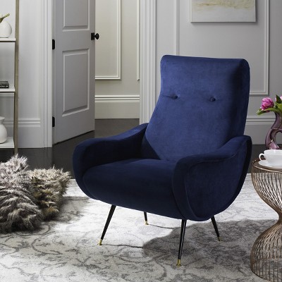 Transitional Navy Velvet Accent Chair with Gold Cap Legs, 29"W