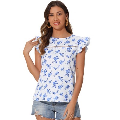 INSPIRE CHIC Women's Floral Print Flying Sleeve Round Neck Keyhole Lace Patchwork Summer Blouse