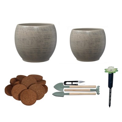 Alberta Indoor Gardening Kit with Wood Optics Ceramic Pots – 5pc Set