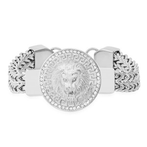 Steeltime Men's stainless steel double row wheat chain and lion head charm bracelet with greek key accents, Color Options: Silver, Gold - 1 of 4