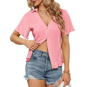 Clearlove Women's Pleated Short Sleeve Cardigan Lightweight Knit Open Front Cover Up with Draped Details - 1 of 4