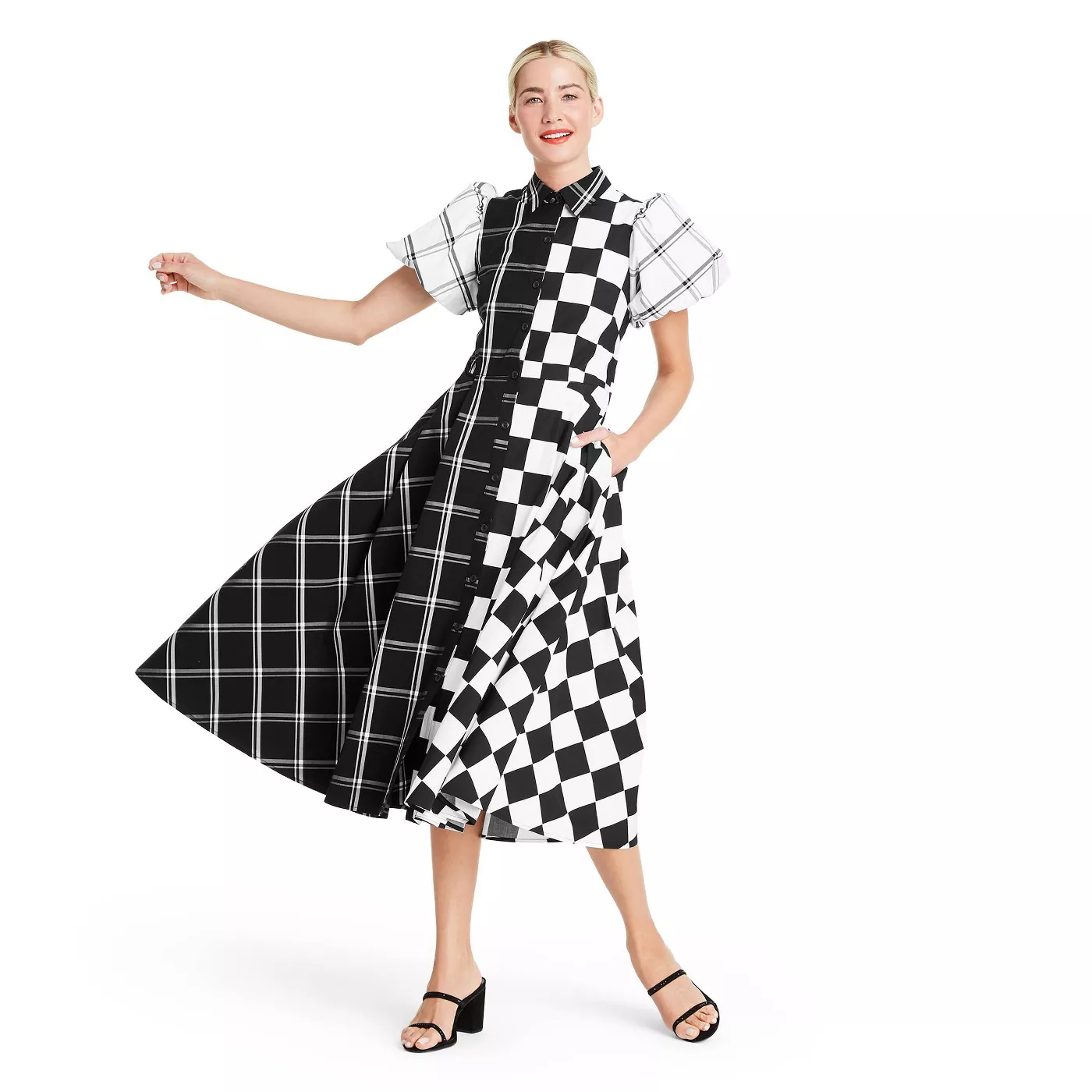 Mixed Checkerboard Puff Sleeve Shirtdress - Christopher John Rogers for Target Black/White