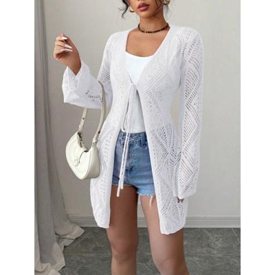 Womens Open Front Knit Sheer Cardigans Summer Boho Lightweight Long Sleeve Long Sweater