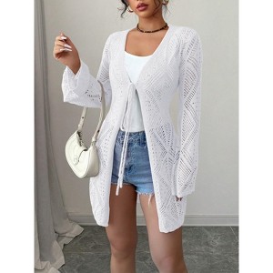 Womens Open Front Knit Sheer Cardigans Summer Boho Lightweight Long Sleeve Long Sweater - 1 of 4