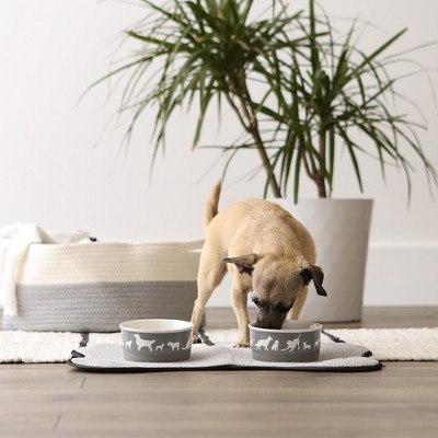 Gray Ceramic Pet Bowls with Non-Skid Silicone Base, Set of 2