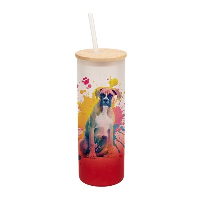 100 North 25 Ounce Frosted Glass Gradient Travel Tumbler With Straw & Wooden Lid, Boxer Dog Paint Splatter Red