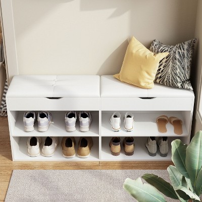 Famapy Wooden Shoe Cabinet with Cushions Open Shelves White