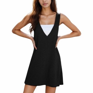 Anna-Kaci Women's Sleeveless V-Neck Mini Jumper Dress with Ribbed Knit Texture and A-Line Silhouette - 1 of 4